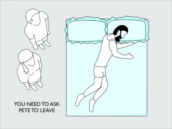 Image showing a man sleeping on the bed and a couple standing and watching him