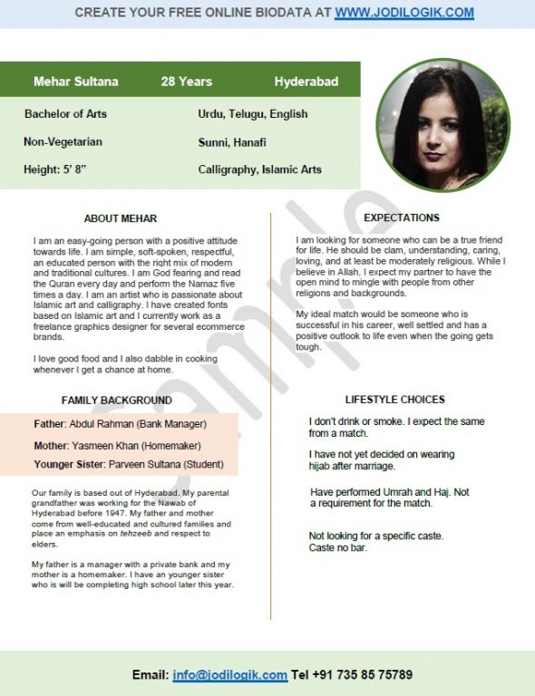 Marriage Biodata Format for a Muslim Girl