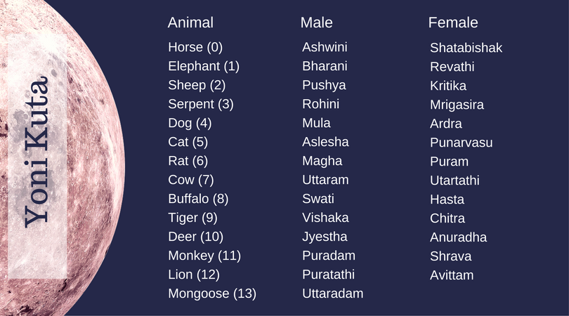 Yoni Kuta Classification for Horoscope Matching
