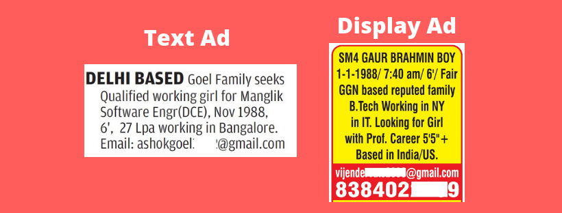 Text and display ad for newspaper matrimonial classifieds
